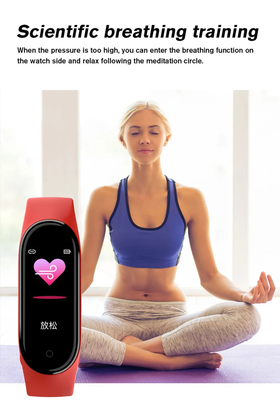 R.E.D. Shopping M6 Smart Fitness Bracelet showing heart rate monitor and sleep tracking, with waterproof design.