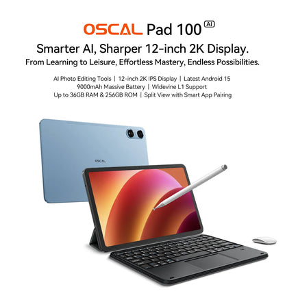 OSCAL Pad 100 Tablet – 12" 2K IPS, Android 15, Unisoc T615, 9000mAh, 4G LTE, 16MP