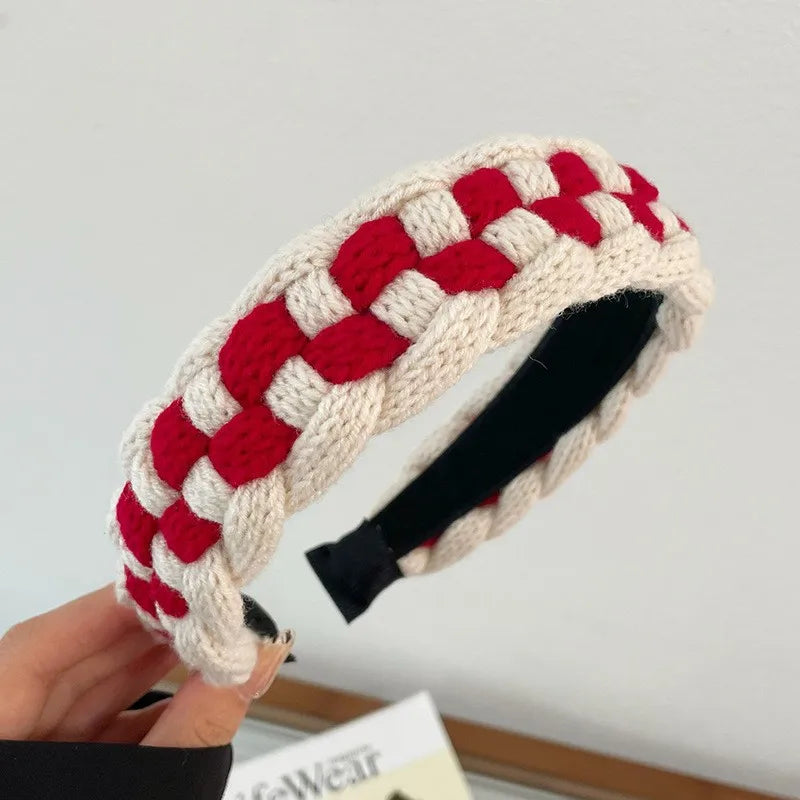 Red Christmas fashion headband with vintage wool style, soft cloth hair accessory perfect for holiday festive looks.