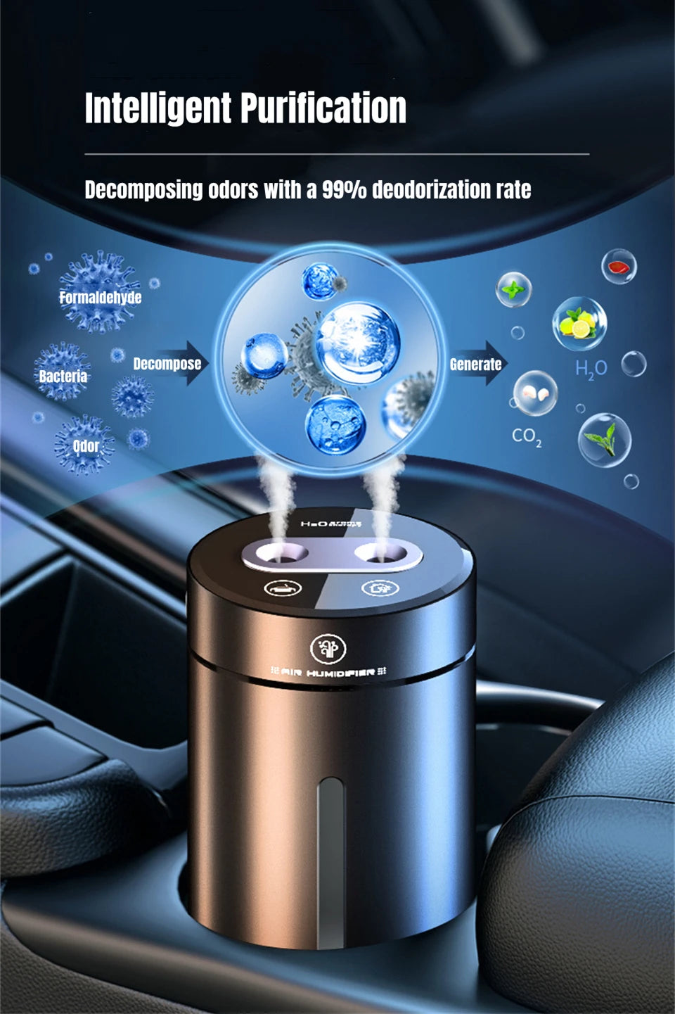 R.E.D. Shopping Zai Xiao 380ML USB vehicle humidifier with double spray, mood light, and essential oil diffuser in a compact design