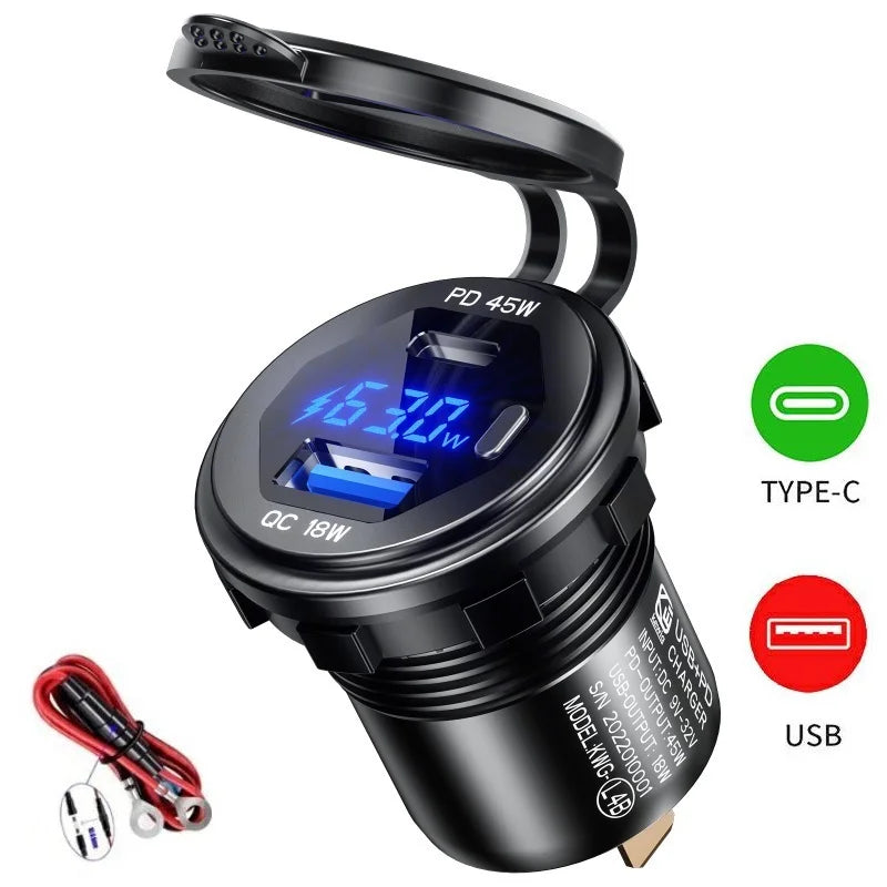63W Aluminum USB-C Car Charger Socket – PD & QC3.0 Dual Port, 12V/24V for Car, Boat & Motorcycle