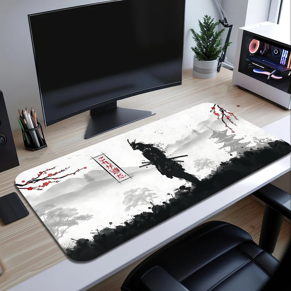 Large Japan Samurai Fantasy Mask mouse pad by R.E.D. Shopping featuring a detailed samurai mask design on non-slip gaming desk mat