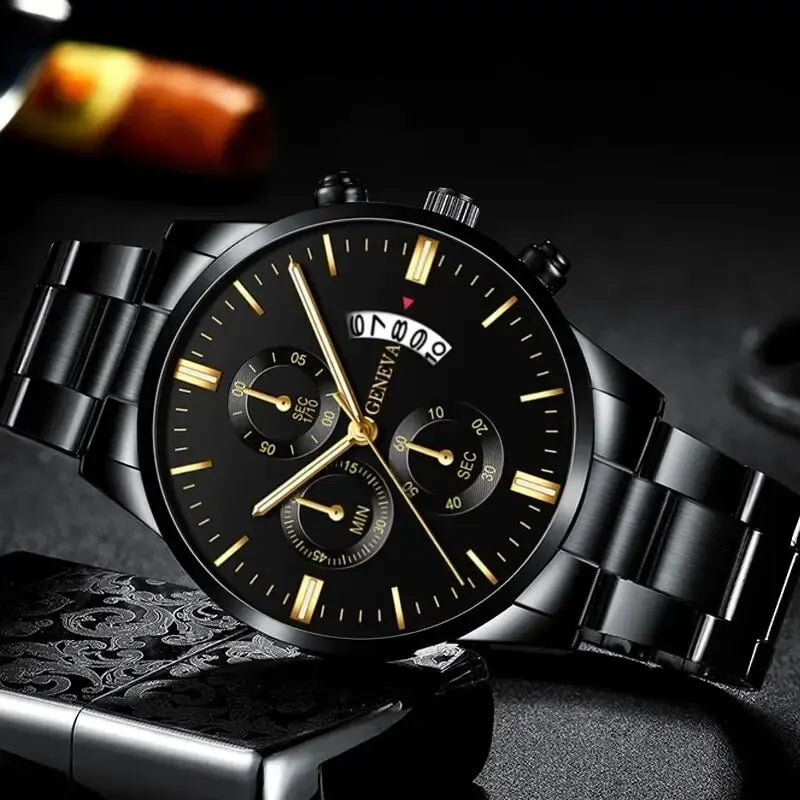 Men’s luxury stainless steel quartz watch with calendar display, stylish business wristwatch by R.E.D. Shopping.