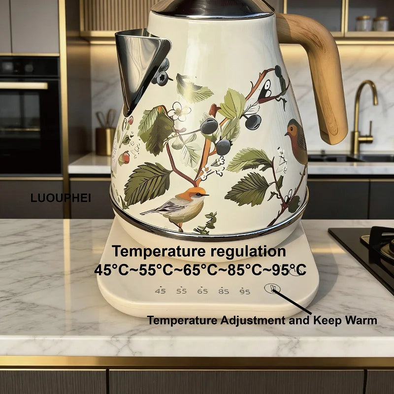 Retro Decal Electric Kettle – 1.7L, 304 Stainless Steel, Temperature Control, Wood Grain Handle