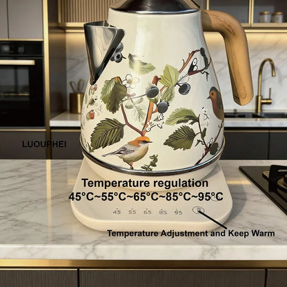 Retro Decal Electric Kettle – 1.7L, 304 Stainless Steel, Temperature Control, Wood Grain Handle