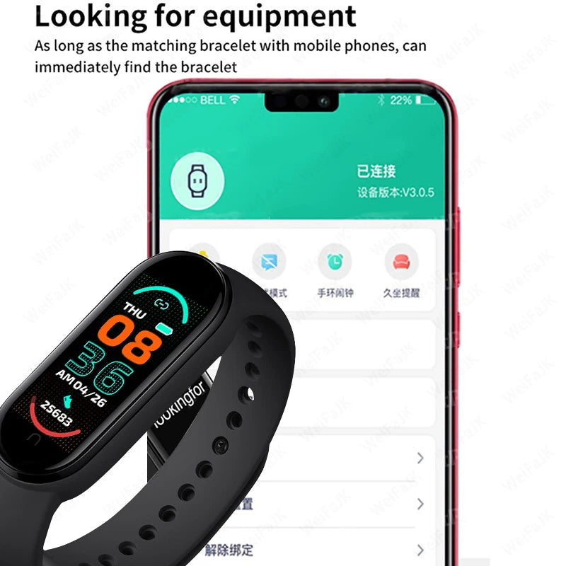 R.E.D. M6 Smart Fitness Bracelet showing heart rate monitor and sleep tracking display, waterproof IP67 design, black band