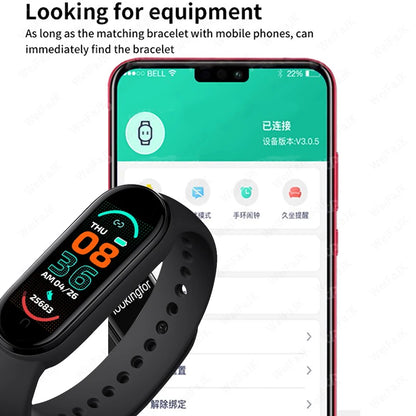 R.E.D. M6 Smart Fitness Bracelet showing heart rate monitor and sleep tracking display, waterproof IP67 design, black band