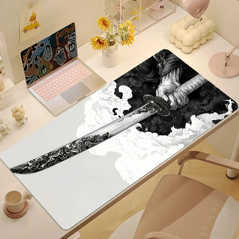 Large Japan Samurai Fantasy Mask mouse pad by R.E.D. Shopping featuring a vibrant Japanese warrior mask design on a non-slip gaming desk mat.
