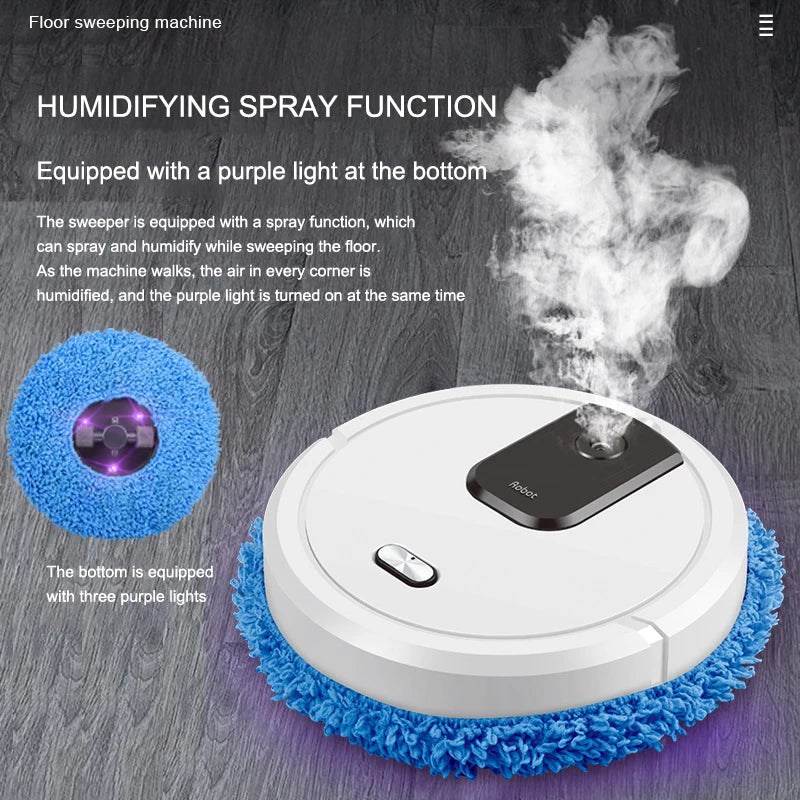 R.E.D. Shopping smart sweeping and mop robot with humidifying spray cleaning a tiled floor automatically.