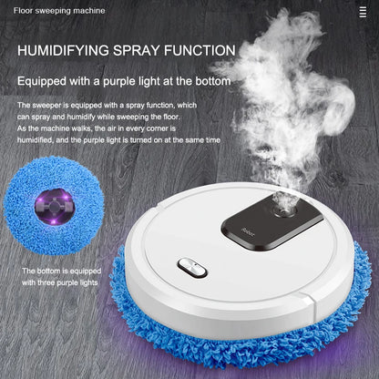 R.E.D. Shopping smart sweeping and mop robot with humidifying spray cleaning a tiled floor automatically.