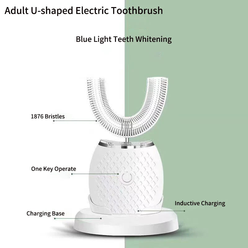 360° U-Type Automatic Electric Toothbrush – Ultrasonic, Rechargeable, Blue Light, IPX7 Waterproof | Adults