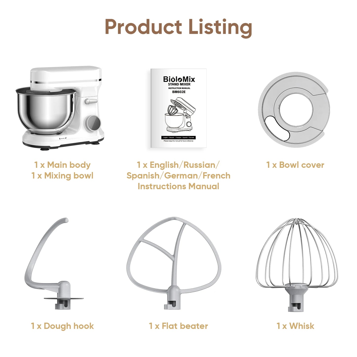 BioloMix BM602E 1200W Stand Mixer – OLED Screen, 11-Speed DC Motor, 5L Bowl
