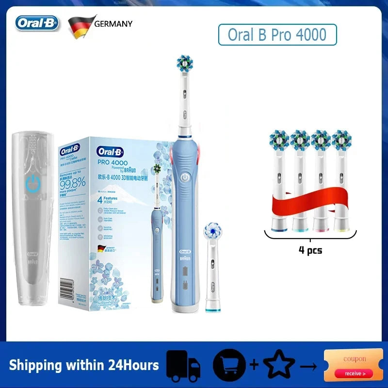 Oral-B Pro 4000 Electric Toothbrush – 3D Action, Pressure Sensor, 4 Modes, Gum Care, Waterproof