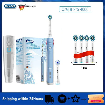 Oral-B Pro 4000 Electric Toothbrush – 3D Action, Pressure Sensor, 4 Modes, Gum Care, Waterproof
