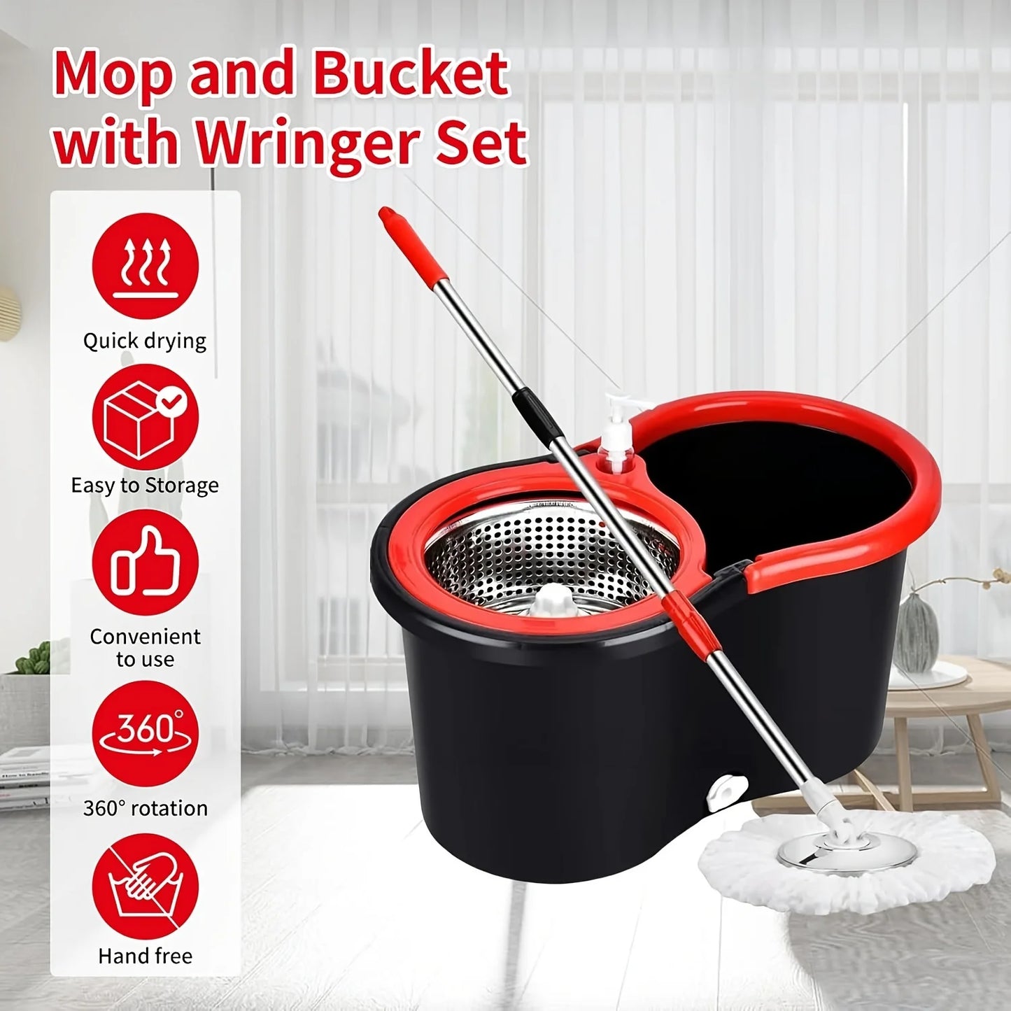 Heavy-Duty Spin Mop & Bucket System – 360° Rotating Floor Cleaner with Adjustable Handle & 3 Mop Heads