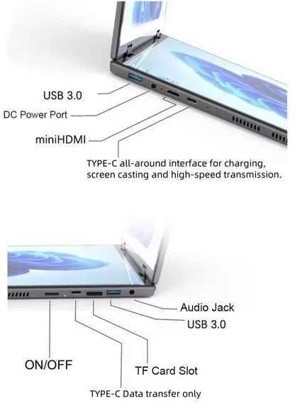 Intel N100 dual-screen laptop with 14-inch 2K touch screens, 32GB RAM, 360-degree flip metal case, 2-in-1 design.