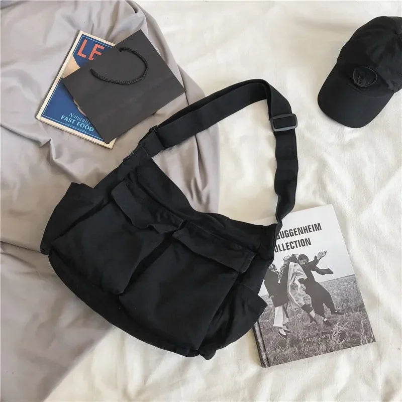 Large Canvas Messenger Bag - Multi-Pocket Hip Hop Style Shoulder Bag
