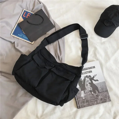 Large Canvas Messenger Bag - Multi-Pocket Hip Hop Style Shoulder Bag