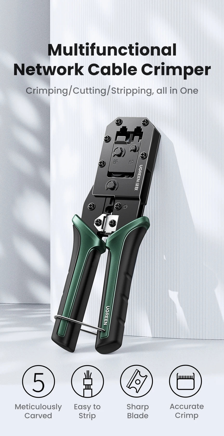 UGREEN RJ45 Crimper Tool NW136 | CAT6/7 Ethernet Cable Crimping Pliers | Cutter & Stripper | 8P/6P