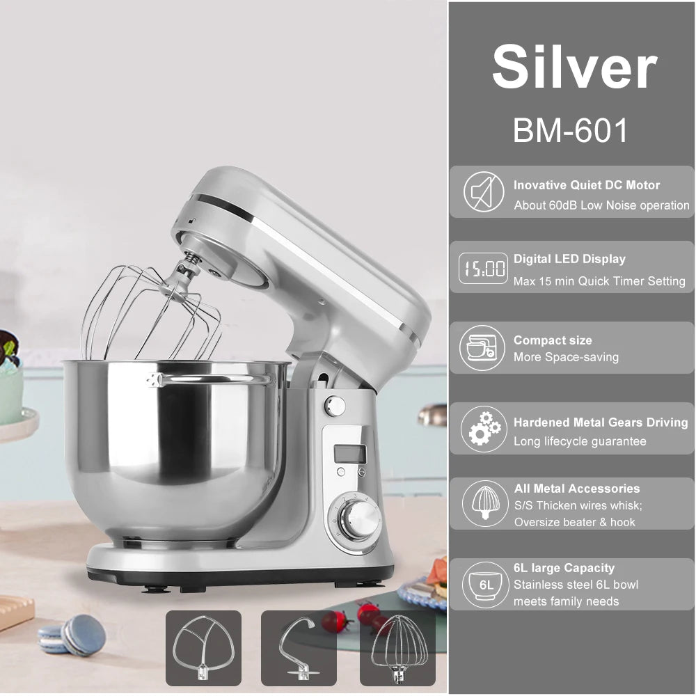 BioloMix BM601 1200W Kitchen Stand Mixer – 6L Stainless Bowl, 6-Speed, Quiet DC Motor