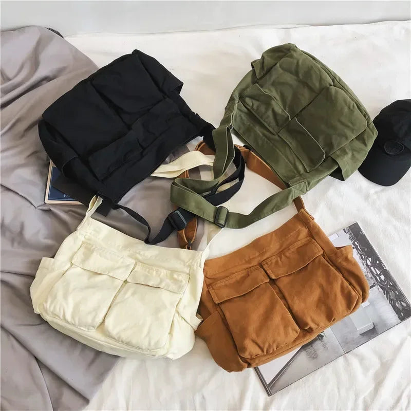 Large Canvas Messenger Bag - Multi-Pocket Hip Hop Style Shoulder Bag