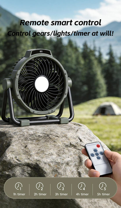 Kinscoter 6-in-1 Outdoor Camping Fan 10000mAh | 5 Speeds | Remote | LED Light | CE