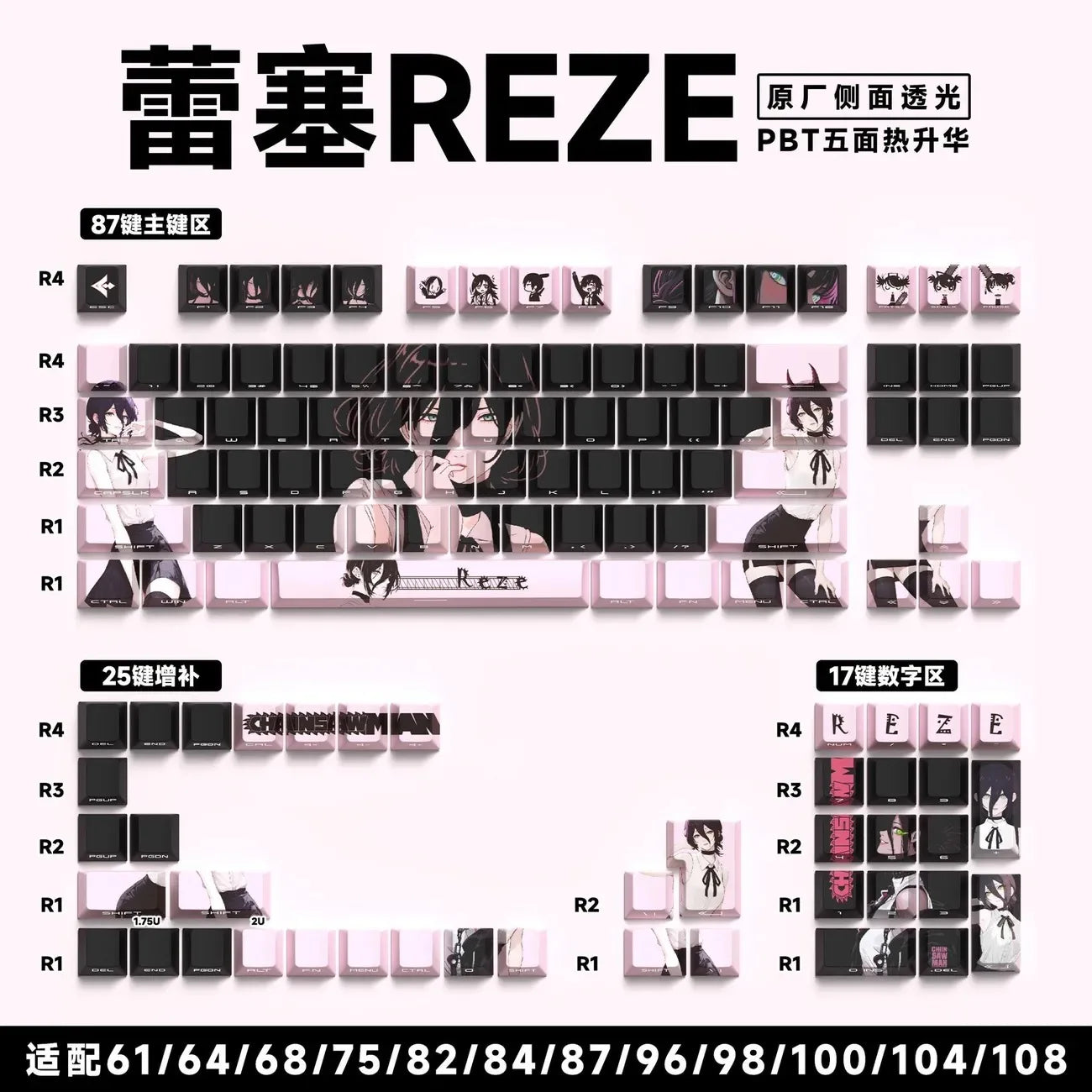 Chainsaw Man Anime Keycaps – PBT Dye-Sub, Cherry Profile, 74–140 Keys, for Mechanical Keyboard