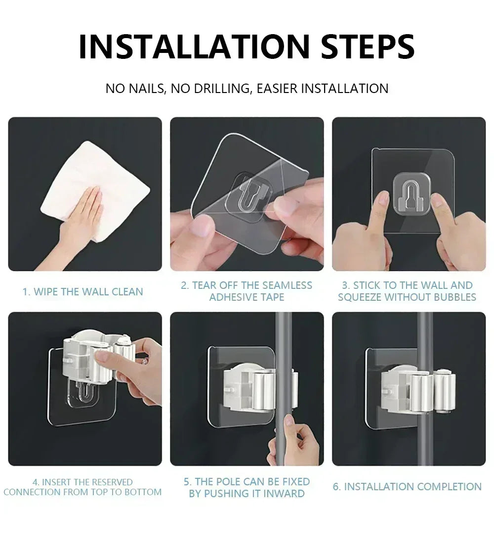 Self-Adhesive Mop & Broom Holder | Wall Mounted No-Drill Storage Hook