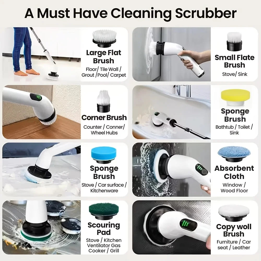 9-in-1 USB Rechargeable Electric Cleaning Brush | 8 Heads | Telescopic Handle | Home & Car