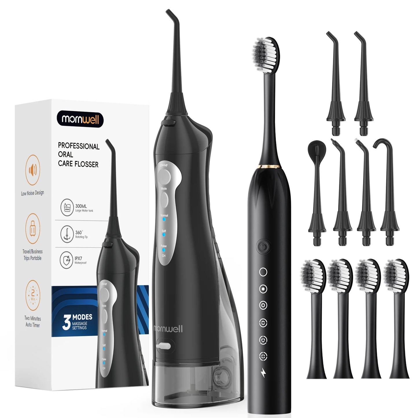 Mornwell D52 Portable Water Flosser + X3 Electric Toothbrush Combo – 4 Modes, 300ml Tank, Rechargeable, Travel-Ready