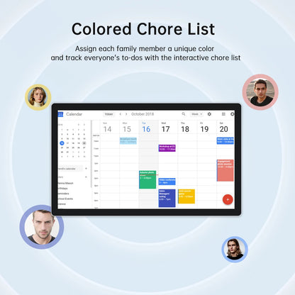 TouchWo 15.6-43 inch smart digital family calendar and chore chart display by R.E.D. Shopping, showing colorful digital organizer on screen