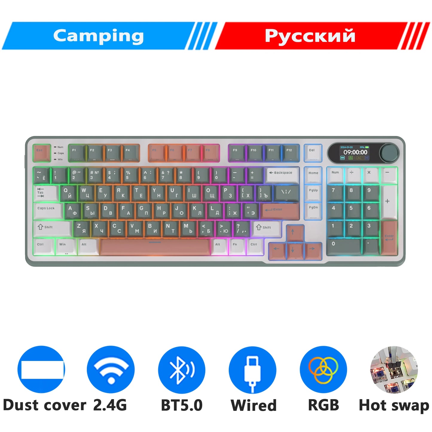 RK Royal Kludge S98 Wireless Mechanical Keyboard – 98 Key, Hot-Swap, TFT Screen, BT5.0/2.4G/USB-C