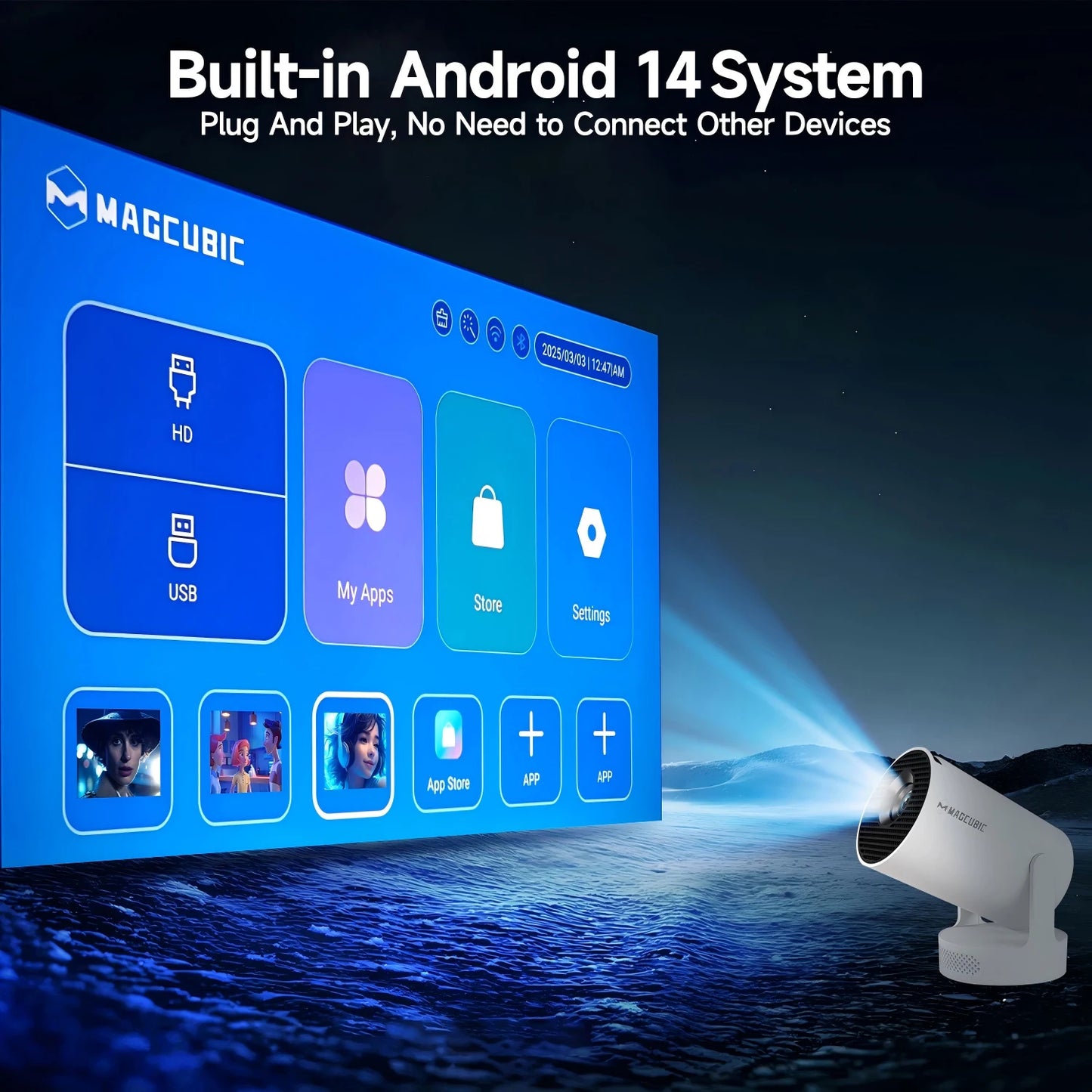 Magcubic HY300 Pro+ Portable Projector – 8000 Lumens, 720P, Android 14, WiFi 6, BT5.4, 5W Speaker