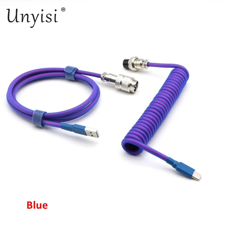 Handmade paracord and PET coiled USB-A to USB-C cable with GX16 aviator connector for mechanical keyboards, by R.E.D. Shopping.