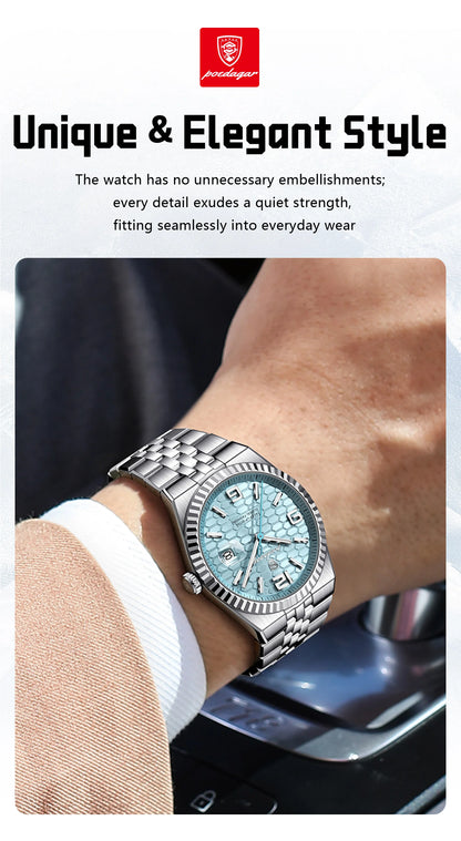 POEDAGAR Men's Luxury Watch – Stainless Steel, Waterproof, Luminous, Date Display, With Box