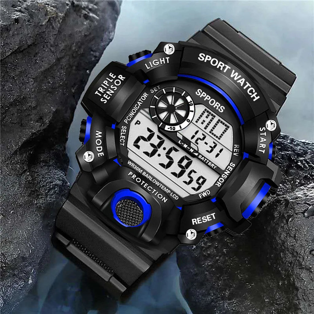 Men's sports electronic wristwatch with large dial, waterproof design, luminous display, and alarm from R.E.D. Shopping.