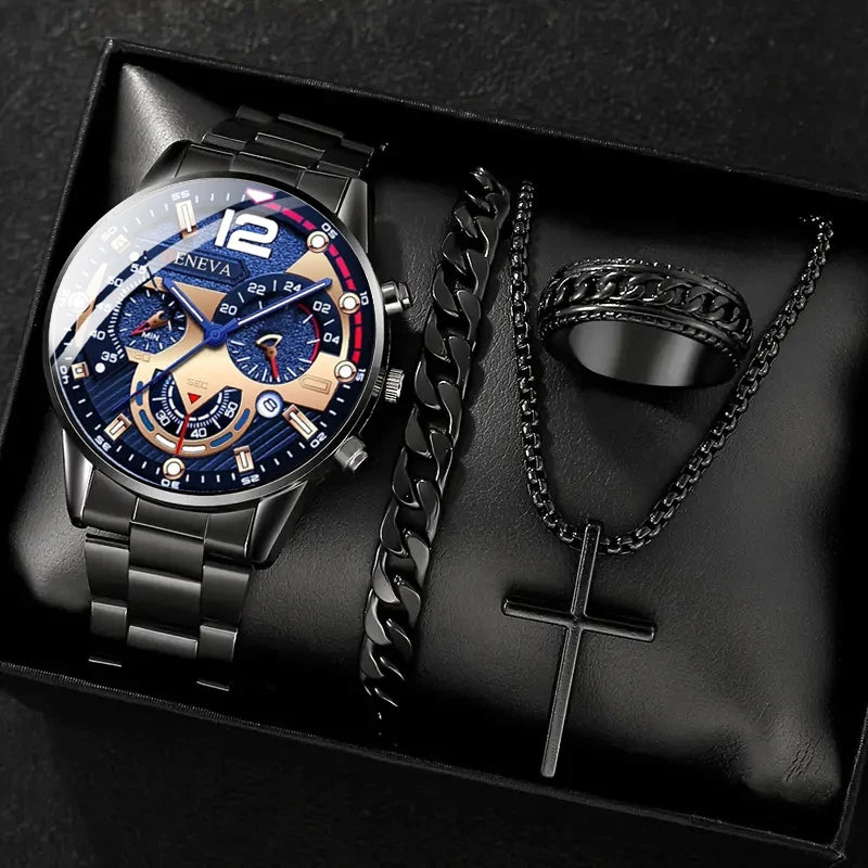 Gold men's watch, necklace, bracelet, and ring in a 4-piece jewelry gift set featuring Roman quartz watch.