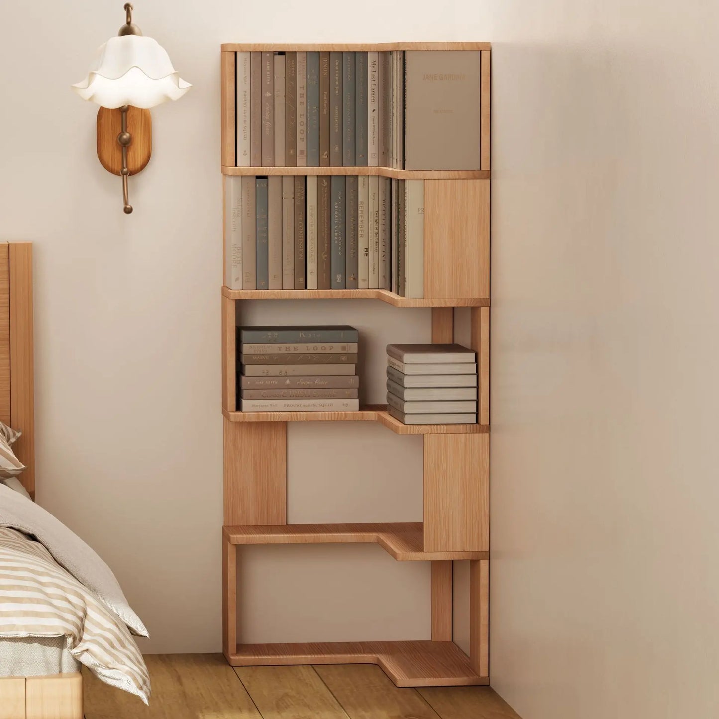 Solid wood corner bookshelf rack by R.E.D. Shopping, multi-layer storage stand for home living room corner shelving.