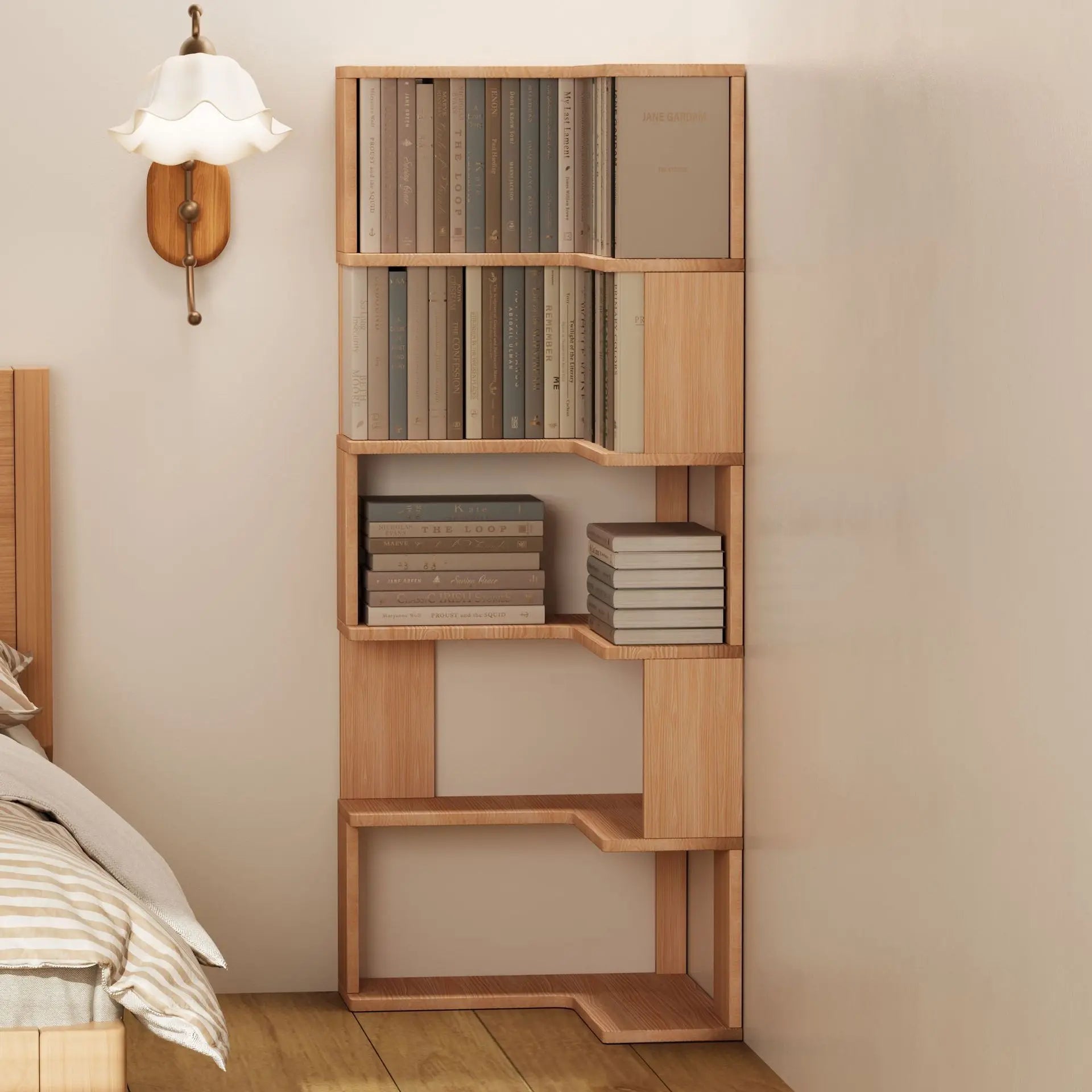 Solid wood corner bookshelf rack by R.E.D. Shopping, multi-layer storage stand for home living room corner shelving.