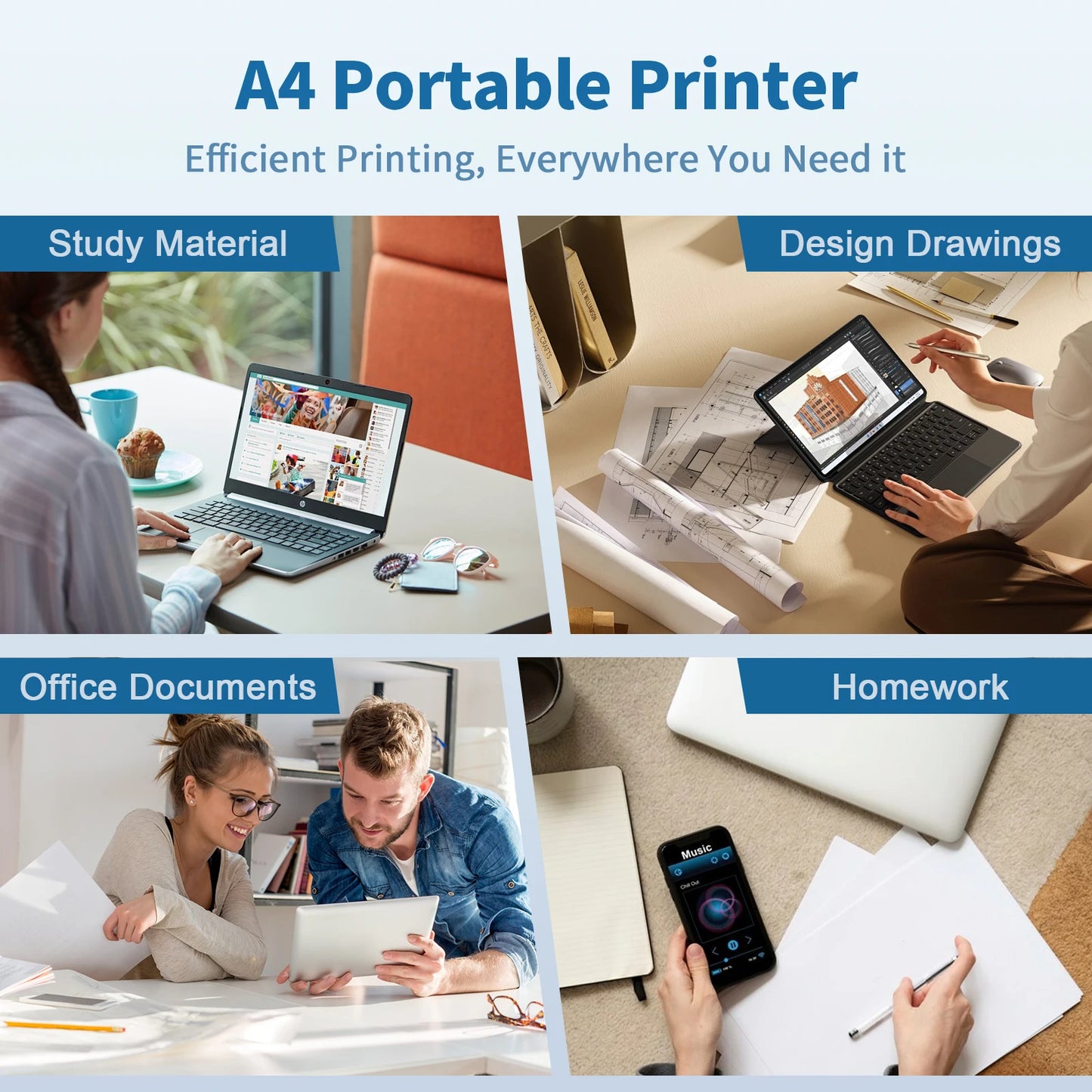 Portable A4 Wireless Inkless Thermal Printer – Bluetooth, 300DPI, 20ppm, Android & iOS