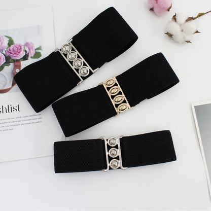 Women’s wide elastic waist belt with metal buckle, corset style cinch belt for stylish outfit accents.