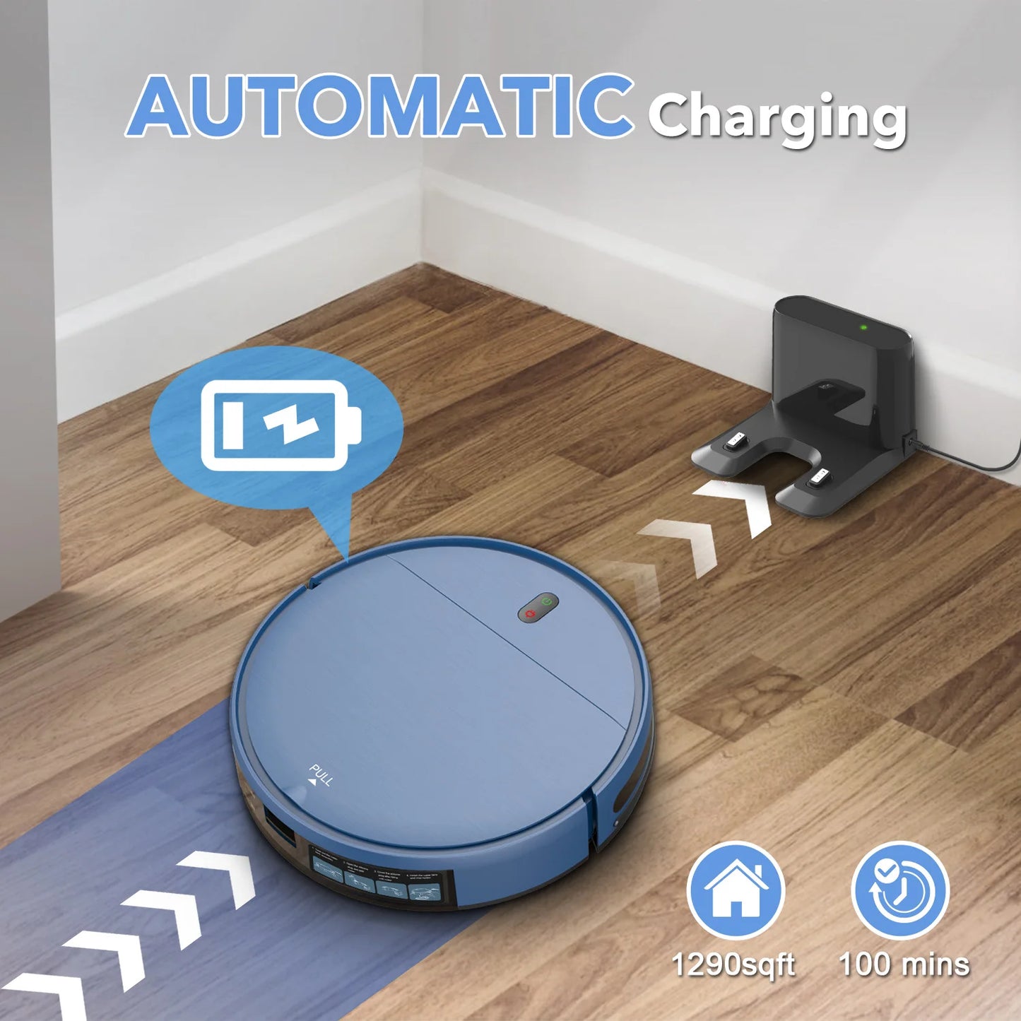 RAYFURN robot vacuum cleaner with 6000Pa suction and mopping feature, auto-charging, in a home setting.