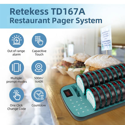 RETEKESS TD167A wireless restaurant calling system coaster pager for food trucks, cafes, and hotels, with buzzer and display.