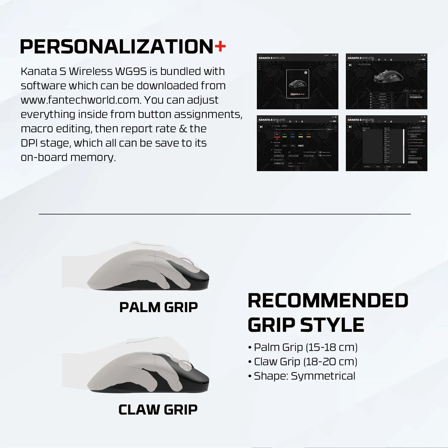 FANTECH KANATAS WG9S wireless gaming mouse with PIXART 3311 sensor, 12000 DPI, macro buttons for gaming precision.