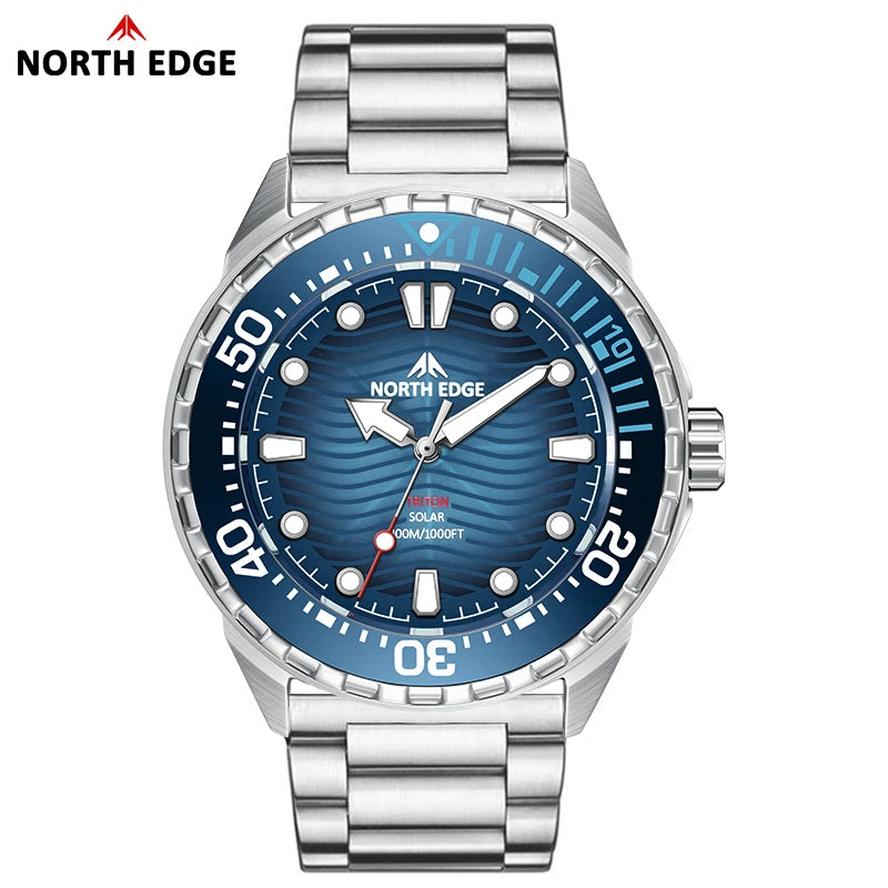 NORTH EDGE TRITON Solar Dive Watch – Men's Luxury Quartz, 316L Steel, 300M Waterproof, 2025