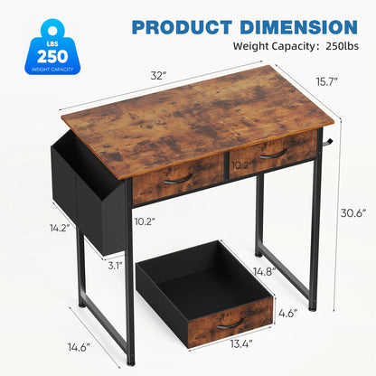 JHK 32" Office Desk with Fabric Storage Drawers & Side Bag – Metal Frame Home PC Table