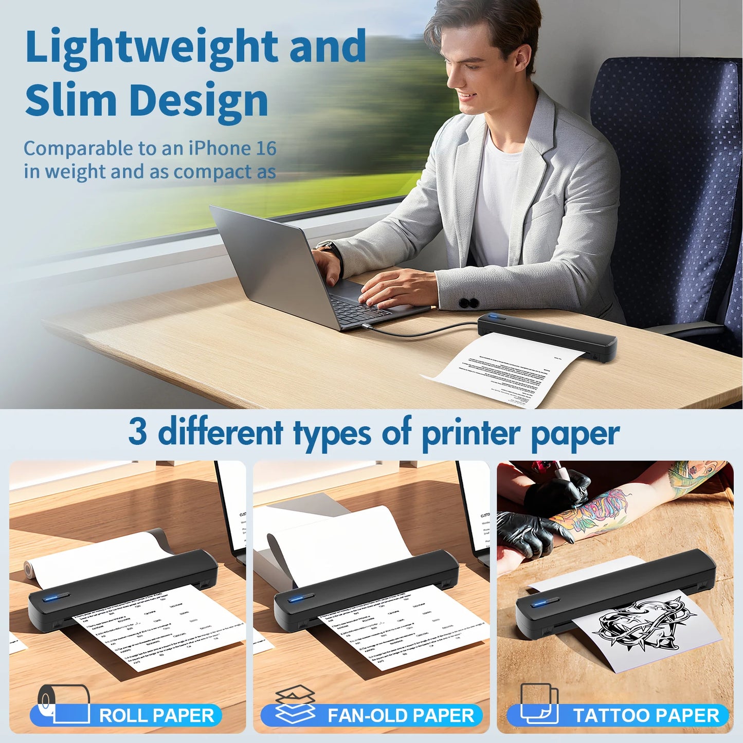 Portable A4 Wireless Inkless Thermal Printer – Bluetooth, 300DPI, 20ppm, Android & iOS