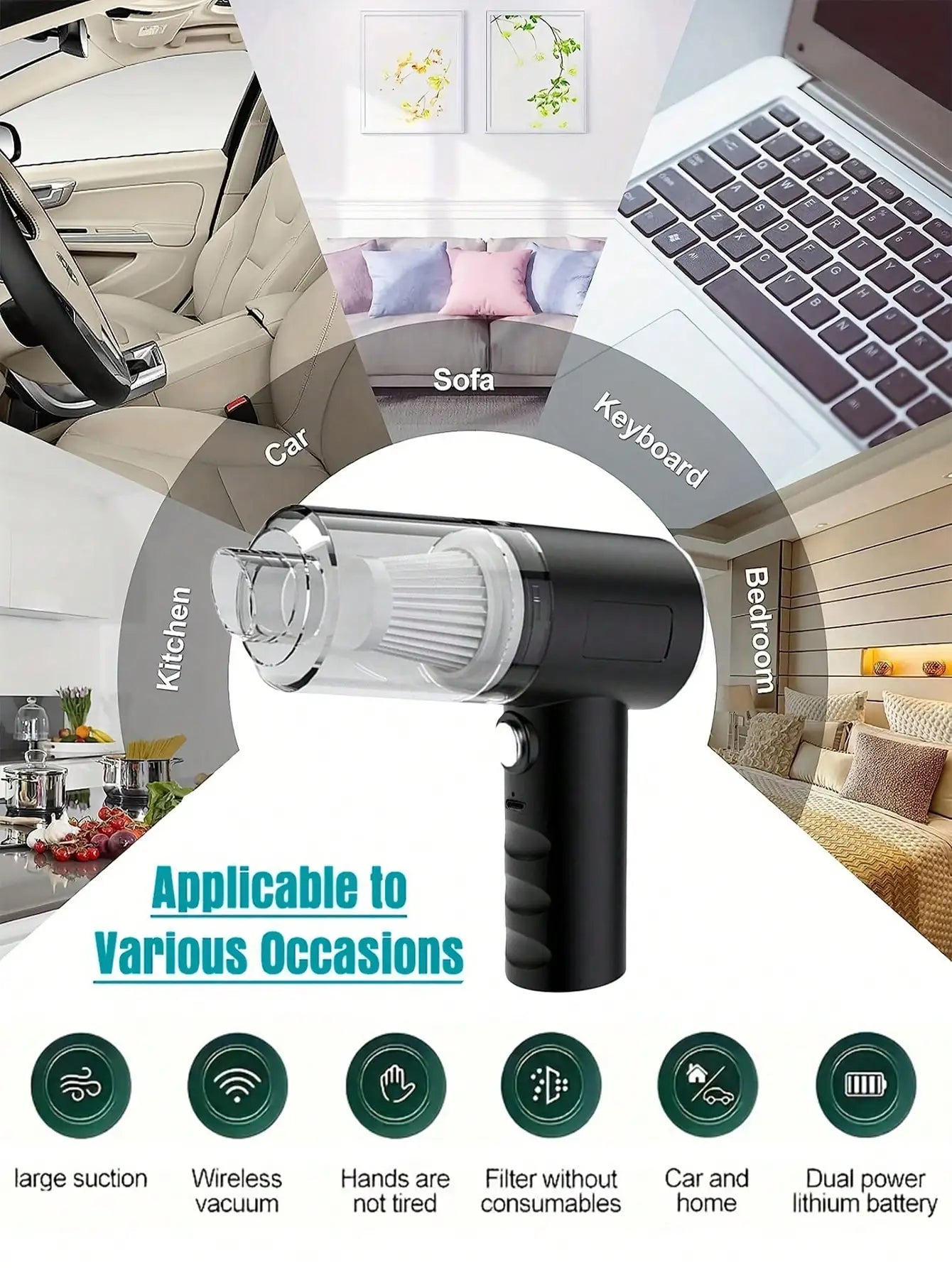Cordless Handheld Vacuum Cleaner | Rechargeable, Multiple Nozzles for Car, Home, Pet Hair & Keyboard