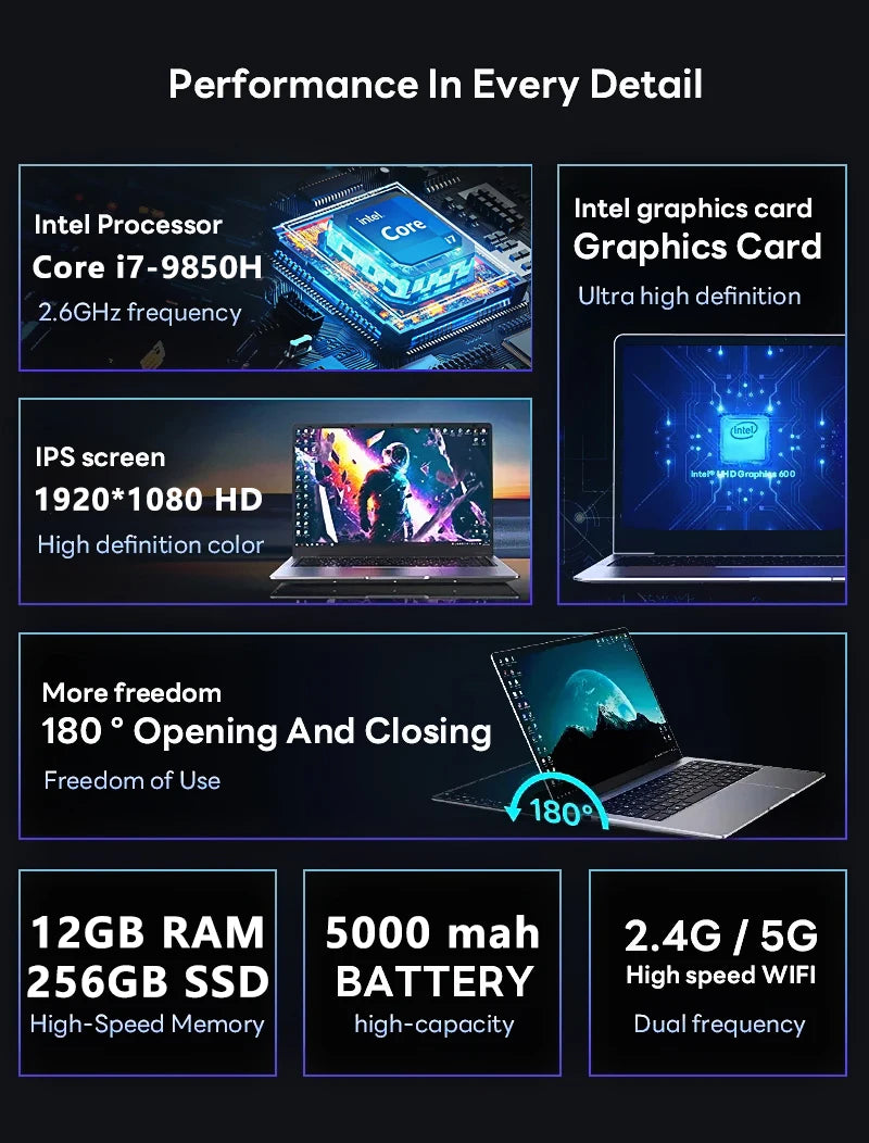 Portable Ultra-Slim Laptop – Intel Core i7-9850H, 12GB RAM, up to 2TB SSD, 4K, Windows 11 | Office & Study Notebook
