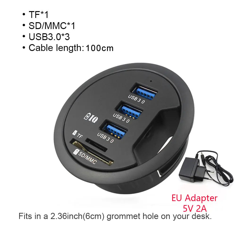 USB Desk Hub 5-in-1 – USB 3.0, Type-C, SD/TF Card Reader, 80cm Cable, Desktop Mount